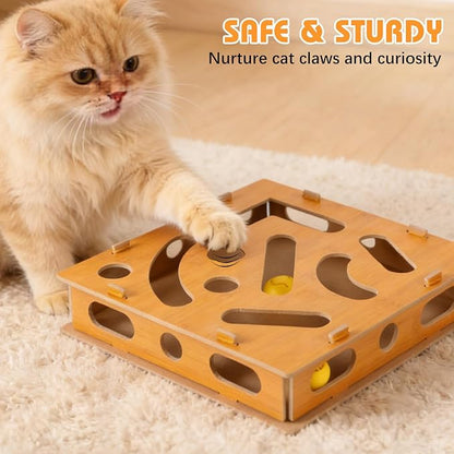 Cat Nail File Enrichment Box, Scratch Puzzle, Stress-Free Nail Care Alternative, Interactive Maze Scratcher with Bell Ball for Indoor Cats