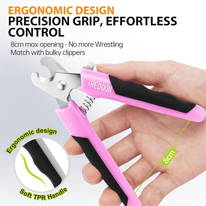 IREDOON Dog & Cat Nail Clippers, 4Cr13 Stainless Steel Razor Sharp Blade - Professional Pet Grooming Tool with Nail File, Small Hand Friendly & Non-Slip Grip (Pink)