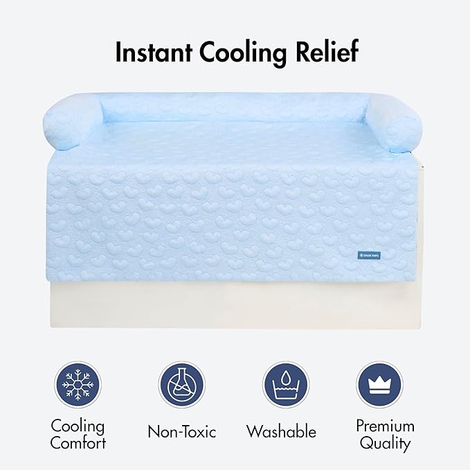 Spark Paws Cooling Couch Cover Dog Bed, Furniture Protector Mat, Non-Toxic Washable Pet Cooling Pad for Large & Small Dog - Hearts Blue - Size S