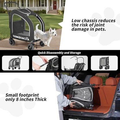 EchoSmile 4 Wheels Pet Stroller, Dog & Cat Stroller for All-Season, Lightweight Carrier with Storage Basket, Adjustable Handle, Removable Pad, Breathable Mesh, Up to 135 lbs, Black (Black)