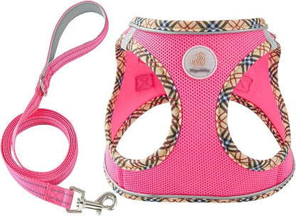 Hipubby Dog Harness Small Sized and Leash Set, No Pull Soft Mesh Puppy Vest, Reflective Breathable Lightweight Pet Harness, Harness for Small Medium Dogs and Cats - Rose Red/Khaki Trim, XXS