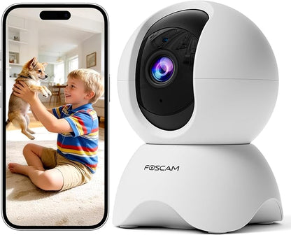 FOSCAM 3K Security Camera Indoor, 360° PTZ Baby & Pet Monitoring for Home Security, 5MP Night Vision, Human/Pet Auto Tracking, Motion & Sound Alerts, 2-Way Audio, 2.4GHz Wi-Fi (R5 White)