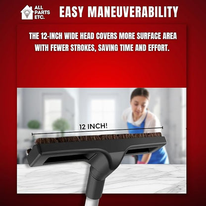 Vacuum Floor Brush Attachment, 12 Inch Brush for 1.25” Vacuum Accessories with Two Adapters for 1 3/8” & 1.5" Compatibility with Shop Vac, Shark, Miele, Bissell, Nutone, & Central Vacs