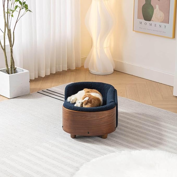 Elevated Pet Sofa Bed with Solid Wood Legs, Bent Wood Back, and Cashmere Cushion - Luxury Pet Furniture for Cats and Dogs, Dark Blue & Walnut