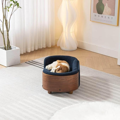 Elevated Pet Sofa Bed with Solid Wood Legs, Bent Wood Back, and Cashmere Cushion - Luxury Pet Furniture for Cats and Dogs, Dark Blue & Walnut
