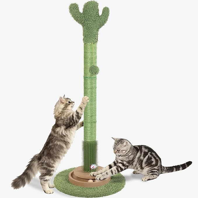 41.5" Cactus Cat Scratching Post, Heavy Duty Sisal Scratcher with Interactive Ball & Grooming Brush, Stable Anti-Tip Cat Tree for Indoor Cats & Large Cats