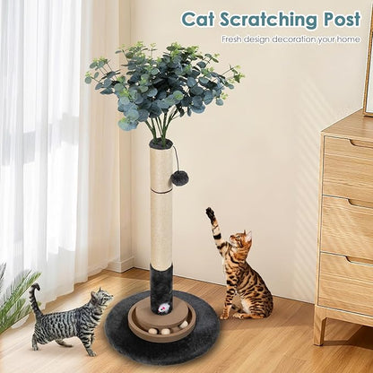 35 Inch Cat Scratching Post, Eucalyptus Sisal Rope Cat Tree Tower with Hanging Ball & Interactive Mouse Toy, Durable Scratcher for Indoor Adult Cats