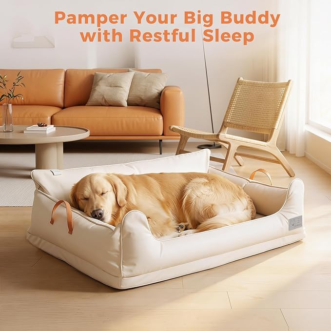 Removable Orthopedic Dog Beds for Large Dogs, Leather Memory Foam Dog Sofa Bed, Waterproof Durable Dogs Bed Couch with Non Skid Bottom for All Pet Sizes (Beige, Large)