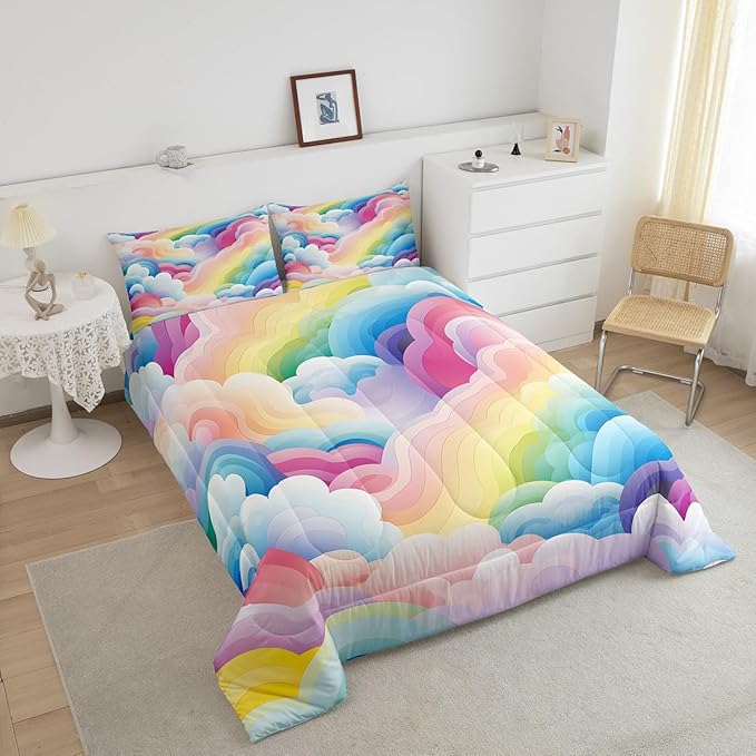 Erosebridal Girls Rainbow Bedding Set Twin Colorful Cloud Comforter Set Cartoon Geometric Stripe Down Comforter for Toddler Dreaming Pink Pastel Duvet Set Blue Purple Teen Cozy Décor 2 Piece