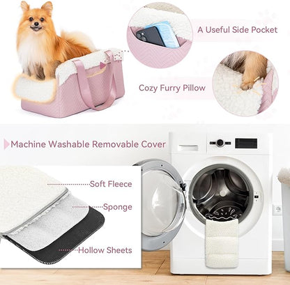 PETSFIT Cat Car Seat, Portable Console Dog Car Seat with Safe Protective Hooks, Luxury Pet Car Seat Includes Safety Leash and Storage Pocket for Pets Up to 9 lbs (Pink)