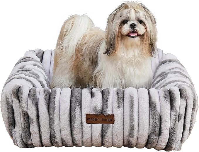 Modern Threads Ribbed Plush Two-Tone Cuddler Dog Bed, Ultra-Soft Faux Rabbit Fur, Supportive Bolstered Sides, Removable Washable Cover, Bed for Small to Medium Dogs, Silver, (24" L x 20" W x 8" Th)