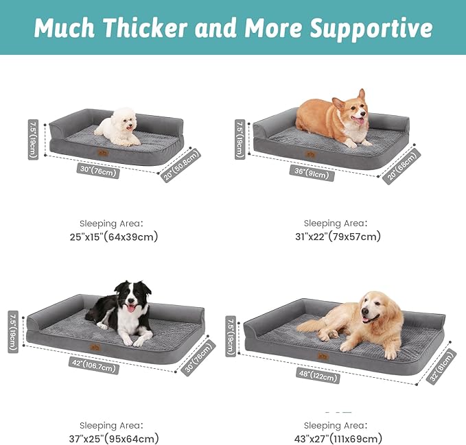 COZY KISS Orthopedic Dog Bed for Extra Large, XXL Dogs Bed, L Shaped Foam Anti-Slip Bottom Giant Pet Cat Sofa with Washable Cover, Suitable for Pet Up to 150 lbs, 48x32x7.5 inch, Grey