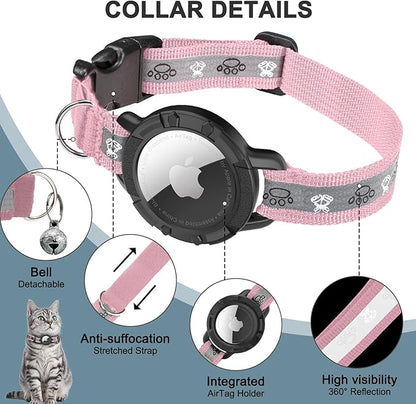 Reflective AirTag Cat Collar, Integrated Cat Tracker Collar with Air Tag Holder and Bell, Safety Elastic Band Cat GPS Collars for Girl Boy Cats, Kittens and Puppies (Pink, XS)