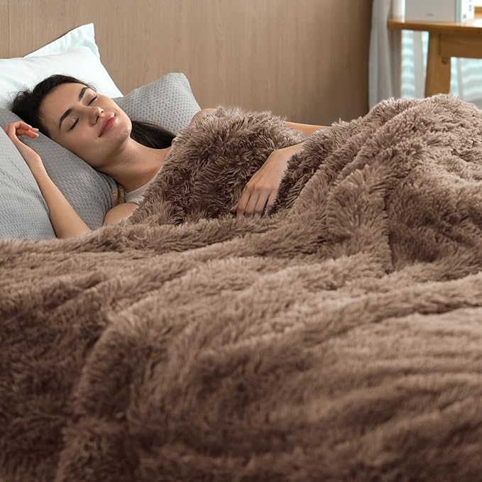 Pawque Faux Fur Blankets Queen Size Fluffy Soft, Sherpa Fleece Luxury Decorative Warm Cozy Throw for Sofa Couch Bed, Breathable & Washable, Brown / 90x90 inches