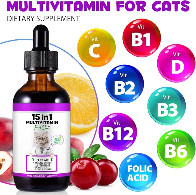 Liquid Multivitamin for Cat, 15 in 1 Cats Multivitamin Liquid Drops Supplements for Skin & Coat, Heart Health, Bones and Joint, Cat Vitamins with Glucosamine and MSM, Immune System Support -60ml