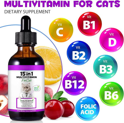 Liquid Multivitamin for Cat, 15 in 1 Cats Multivitamin Liquid Drops Supplements for Skin & Coat, Heart Health, Bones and Joint, Cat Vitamins with Glucosamine and MSM, Immune System Support -60ml