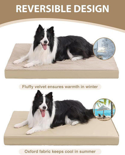 KSIIA Orthopedic Dog Bed Crate Waterproof Pet Mats for Large Dogs Deluxe Plush Washable Pet Bed with Egg Crate Foam & Removable Cover, 35 x 22 Inch, Khaki