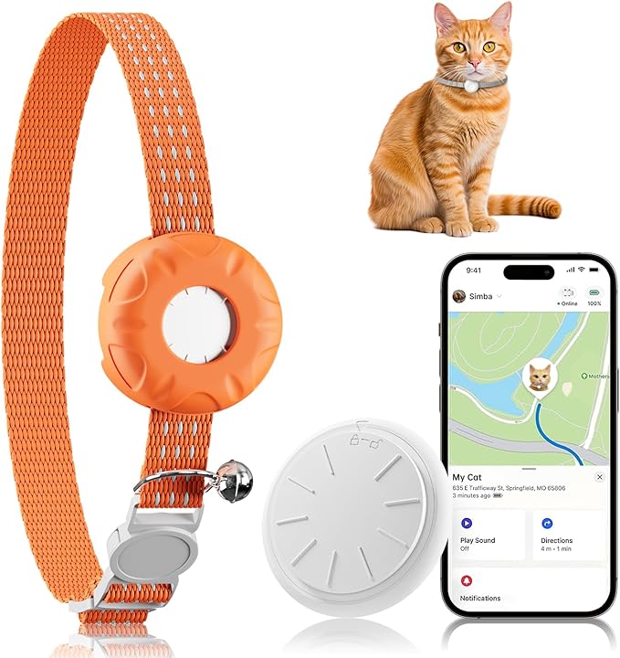 Cat GPS Tracker, Waterproof Pet GPS Tracker for Cats, Cat Tracker Collar with Safety Elastic Buckle, Compatible with Apple Find My App (Only iOS), No Monthly Fee, Orange