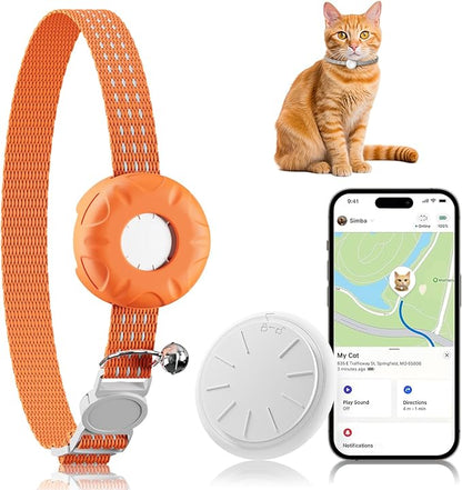 Cat GPS Tracker, Waterproof Pet GPS Tracker for Cats, Cat Tracker Collar with Safety Elastic Buckle, Compatible with Apple Find My App (Only iOS), No Monthly Fee, Orange