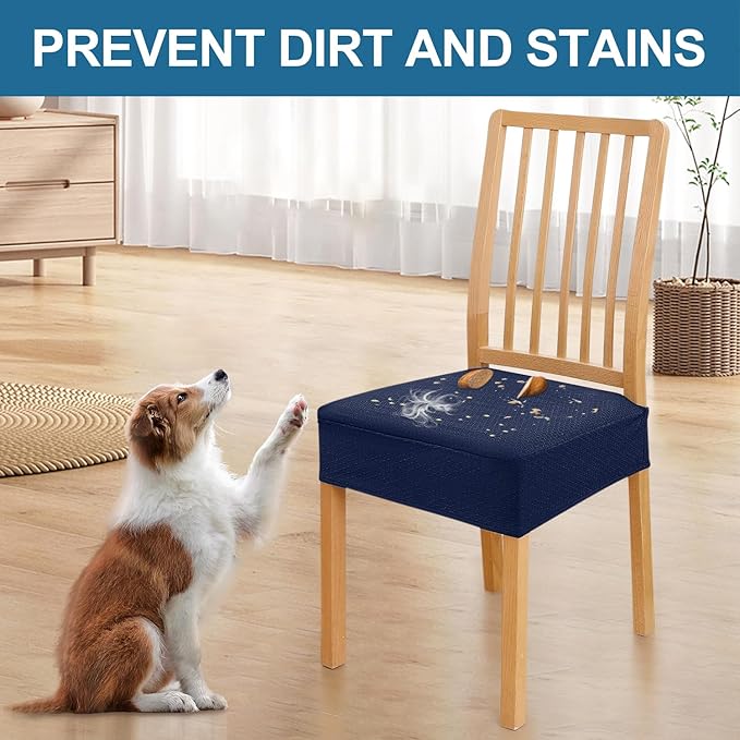 Smiry Waterproof Seat Covers for Dining Room Chairs Set of 6, Stretch Jacquard Removable Washable Chair Seat Slipcovers Protector, No Rear Covers, Federal Blue