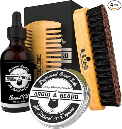 Beard Brush, Beard Comb, Beard Oil, & Beard Balm Grooming Kit for Men's Care, Travel Facial Hair Set for Growth, Styling, Shine & Softness, Great Gifts for Him, Fathers Day, Dad Gifts