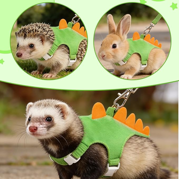 Ferret Harness and Leash Set, Dinosaur Shaped Harness Leash for Training Playing Small Animals Vest Harnesses with Safe Bell for Rabbit Hamster Teacup Chihuahua and Other Small Animals