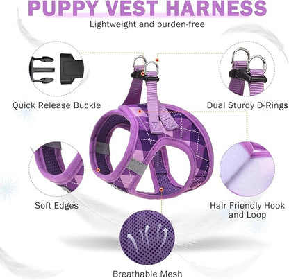 SCENEREAL Small Dog Harness and Leash Collar Set, Step in No Pull Soft Mesh Dog Harnesses for Small Medium Sized Dogs Puppy and Cats Outdoor Walking, No Chock Reflective Vest Harness, Purple Plaid S