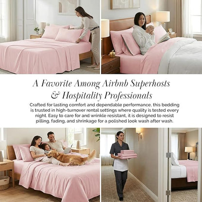 Southshore Fine Living, Inc. 7-Piece Split King Sheet Set, 21-Inch Split King Size Sheets Deep Pocket Set, Fitted and Flat Sheet, Microfiber Bedding, Pink Pillow Cases Set of 4, Pink Sheets