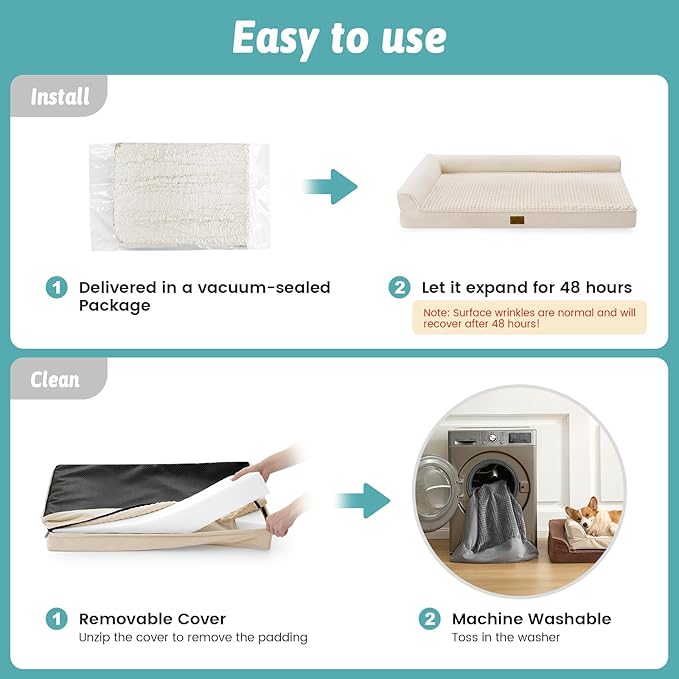 COZY KISS Orthopedic Dog Bed for Large Medium Size Dog, Dogs Crate Bed, L Shaped Foam Anti-Slip Bottom Pet Cat Sofa with Washable Removable Cover, Suitable for Pet Up to 75 lbs, 36x27x6.5 inch, Beige