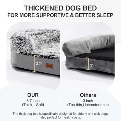 iweepet 3.7 inch Thickened Orthopedic Dog Beds for Extra Large Dogs, Fluffy Supportive Dog Sofa Bed with 28D Egg-Crate Foam, Removable Washable Cover, Waterproof Lining, Cozy Oval Design,Grey