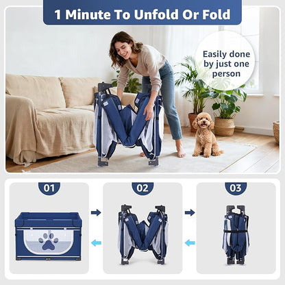 LOOBANI Foldable Dog Playpen with Cover: 1 Min Setup Pet Puppy Playpen Indoor, Sturdy Reinforced Steel/Iron Frame Dog Fence, Portable Whelping Box for Home Dog Cat Rabbit-43.3"x43.3"x27.1"│Patented