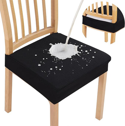 Smiry Waterproof Seat Covers for Dining Room Chairs Set of 8, Stretch Jacquard Removable Washable Chair Seat Slipcovers Protector, No Rear Covers, Black