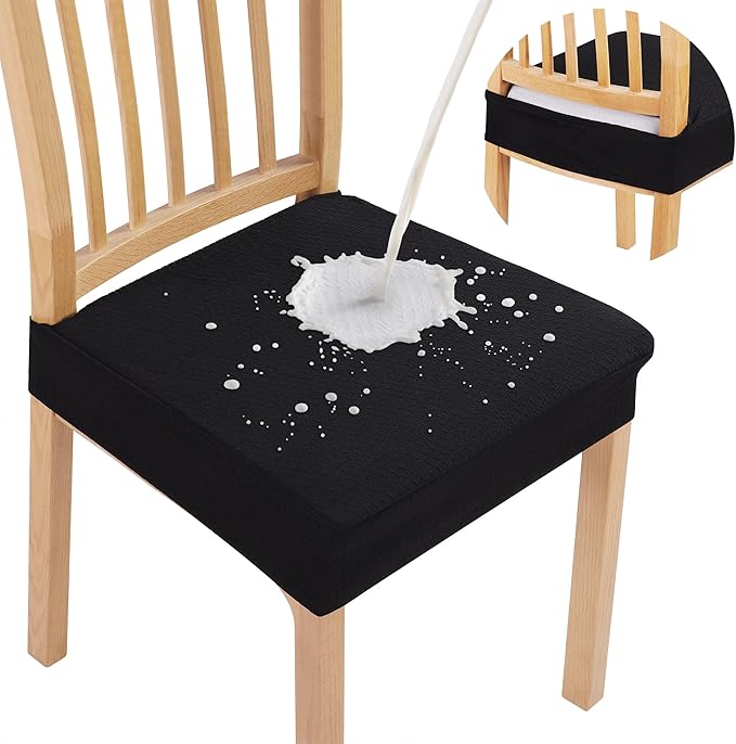 Smiry Waterproof Seat Covers for Dining Room Chairs Set of 6, Stretch Jacquard Removable Washable Chair Seat Slipcovers Protector, No Rear Covers, Black