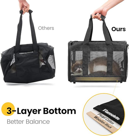 Conlun Dog Carrier Soft Sided, Large Cat Carrier with Inner Safety Leash, Pet Transport Carrier for Large Cats and Medium Dogs up to 20 Lbs, Collapsible Travel Puppy Carrier Bag -Black L