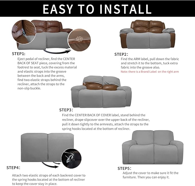Easy-Going 100% Dual Waterproof Recliner Loveseat Cover, 6-Pieces Stretch Relining Sofa Cover with Pocket, Jacquard 2 Seat Sofa Slipcover Leakproof Washable (Loveseat, Light Gray)