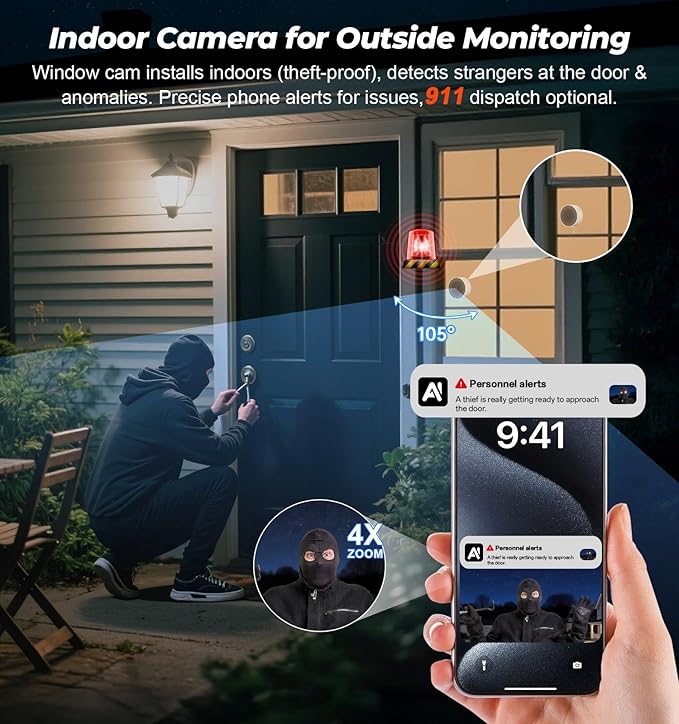 4MP 2K Window Security Camera, 5G & 2.4GHz WiFi Indoor Camera Wireless, Blacklight Color Night Vision Monitor Outside Window Cam Mount Glass, 24/7 Recording AI Motion Detection, Quick Magnetic Install