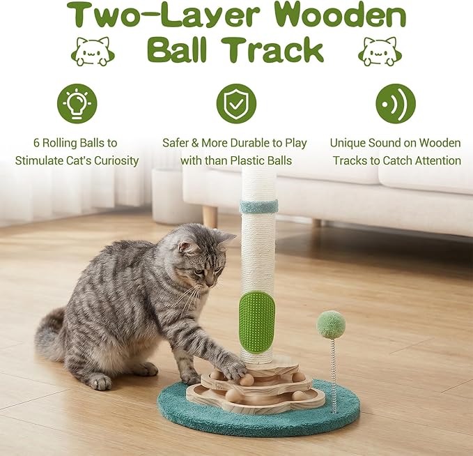 25.6inches Tall Cat Scratching Post, Cute Cat Scratching Post with Interactive Ball Two-Layer Track Spring Ball Toys and Self Groomer for Indoor Cats and Kittens Protect Your Furniture