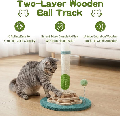25.6inches Tall Cat Scratching Post, Cute Cat Scratching Post with Interactive Ball Two-Layer Track Spring Ball Toys and Self Groomer for Indoor Cats and Kittens Protect Your Furniture