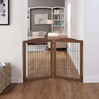 unipaws 44" Wide Dog Gate and Extension Kit, Free Standing Pet Gate, Wooden Dog Gates for Stairs, Doorway, Indoor Safety Fence for Dogs, 31.5" Height, Walnut