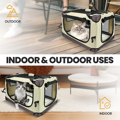 PEGIC Large Cat Carrier for Car Travel, Soft Sided Collapsible Pet Carrier for Outdoor and Indoor Uses, Roomy Extra Large Carrier for 2 Kittens, Large Cat or Puppies up to 50lbs, Brown