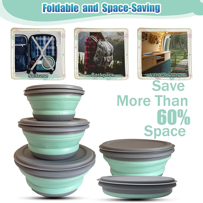 RMAMSCOV Collapsible Camping Bowl with Lid, Silicone Salad Bowl Serving, Microwave Foldable Soup Ramen Serving for Travel, Picnic, Rv(Blue)