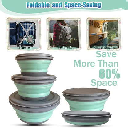 RMAMSCOV Collapsible Camping Bowl with Lid, Silicone Salad Bowl Serving, Microwave Foldable Soup Ramen Serving for Travel, Picnic, Rv(Blue)