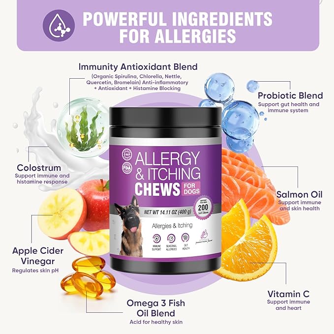 Dog Allergy Chews 200ct - Dog Allergy Itching Skin Relief Immune Support Anti Itch Probiotics for Yeast, Itchy Skin and Itchy Ears, Vitamins for Seasonal Allergies Itchy Skin Gut Health,Peanut Butter
