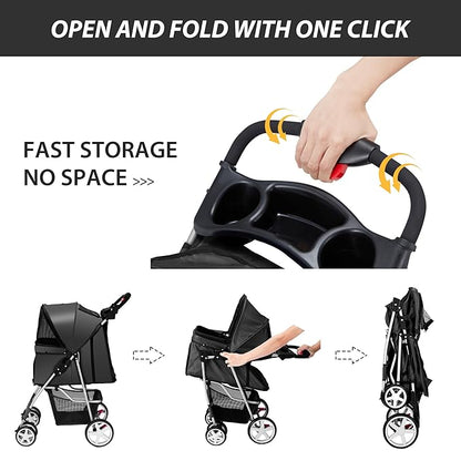 Unisakey 4 Wheels Pet Stroller for Small Medium Dogs Cats 10-33 lbs, Foldable Dog and Cat Stroller with Cup Holder & Storage Basket & Breathable Mesh, Pet Strolling Cart for All-Season, Black