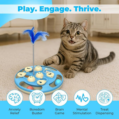 Cat Puzzle Toys Games Level 3 in 1 with Track Balls, Feather Teaser & Treat Feeder | Non-Slip Base | Mental Stimulation Enrichment for Indoor Cat, Dogs| Kitty Gift, Blue