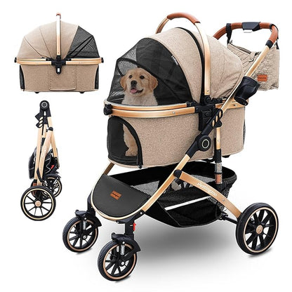 Pettingzoo Dog stroller with 4 Wheels, Folding Cat Stroller for Small/Medium/Large dogs & cats to 60 lbs, pet stroller with removable carrier, Storage BasketCup Holder,3 in1 Multifunctional Detachable