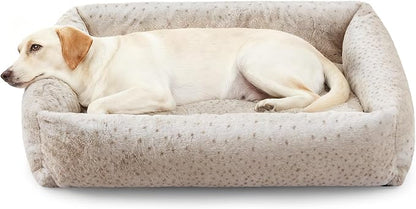 JOEJOY XL Dog Beds Large Sized Dog, Removable Washable Cover Orthopedic Soft Faux Rabbit Fur Pet Bed, Anti-Slip Fluffy Plush Faux Rabbit Fur Puppy Bed, 42"x36"x9", Leopard Print, Beige