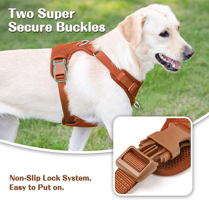 No Pull Dog Harness for Small Medium Large Dogs - Adjustable 2 Layer Mesh Dog Vest with Dual Clip, Escape Proof, Quick Release, Lightweight Breathable Mesh for Walking Hiking (Carmel Brown,XL)