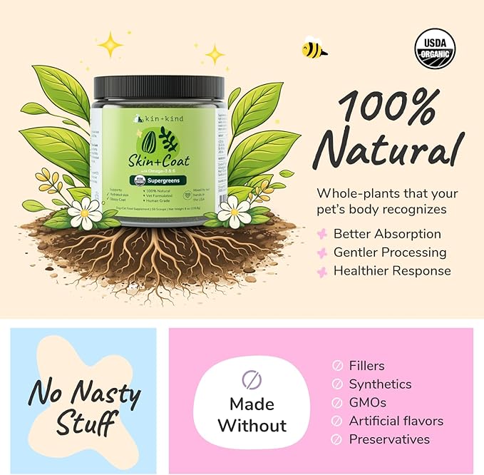 kin+kind Skin and Coat Supplement for Dogs & Cats – Natural Vitamin Supplements with Organic Ingredients for Shiny Fur, Moisturized Skin & Overall Pet Wellness – Dog Essentials & Cat Essentials 3x4 oz
