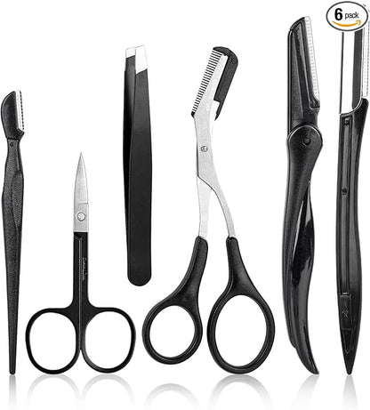 NAZQAT Eyebrow Grooming Kit for Women & Men for Eyebrow Trimming, Shaping, and Exfoliating - Includes Eyebrow Tweezers, Eyebrow Razor Tools, Eyebrow Scissors (Pack of 6)